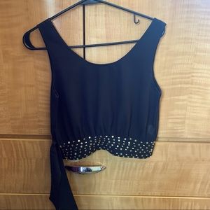 Black Beaded Side Tie Cropped Shirt